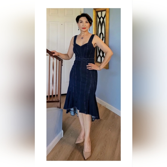 NWT Express Denim Sweetheart Neckline Seamed Fit & Flare Midi Dress, Size 4 - Picture 2 of 7